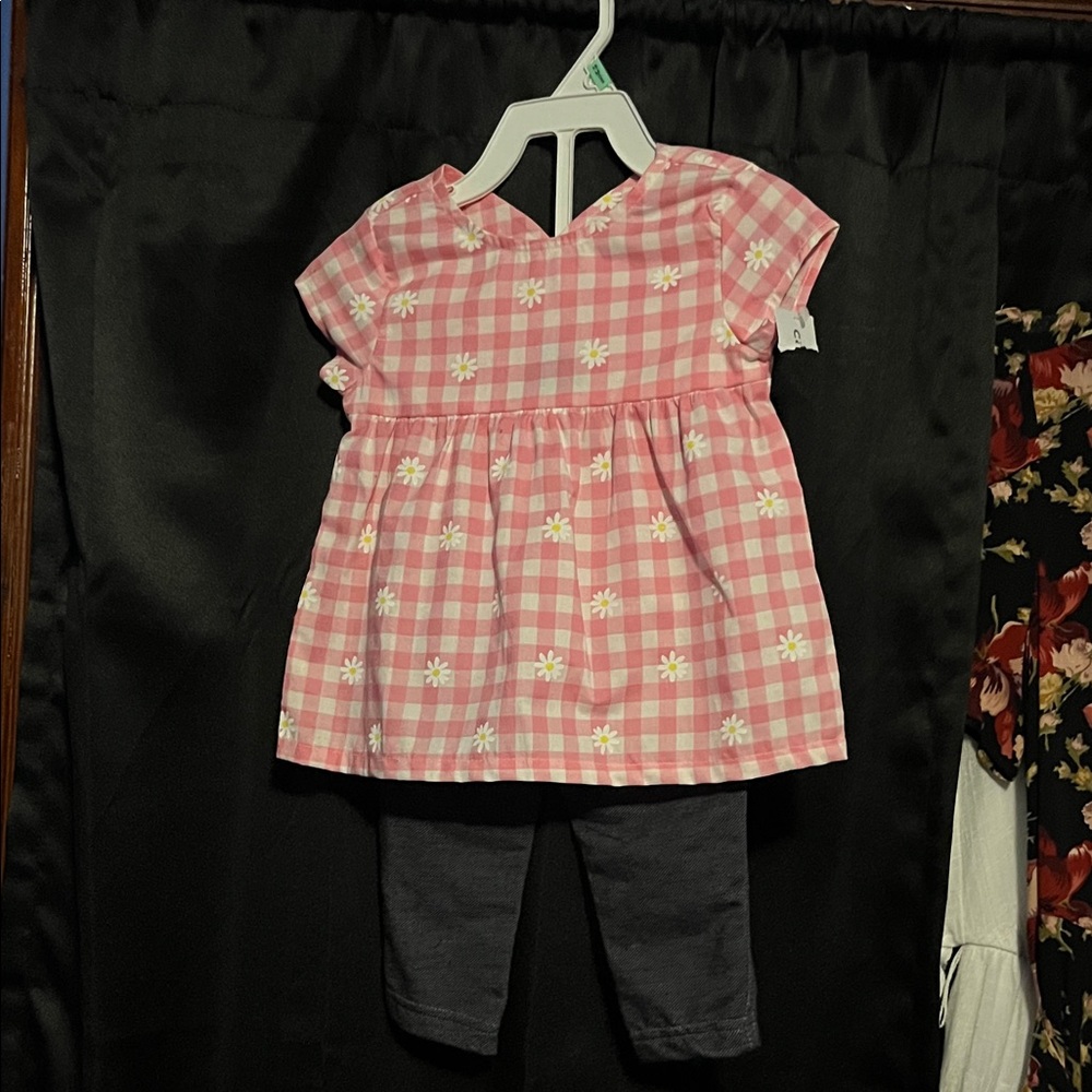 New. Carters 2 Piece Set - Pink Checkered Dress with Blue Leggings